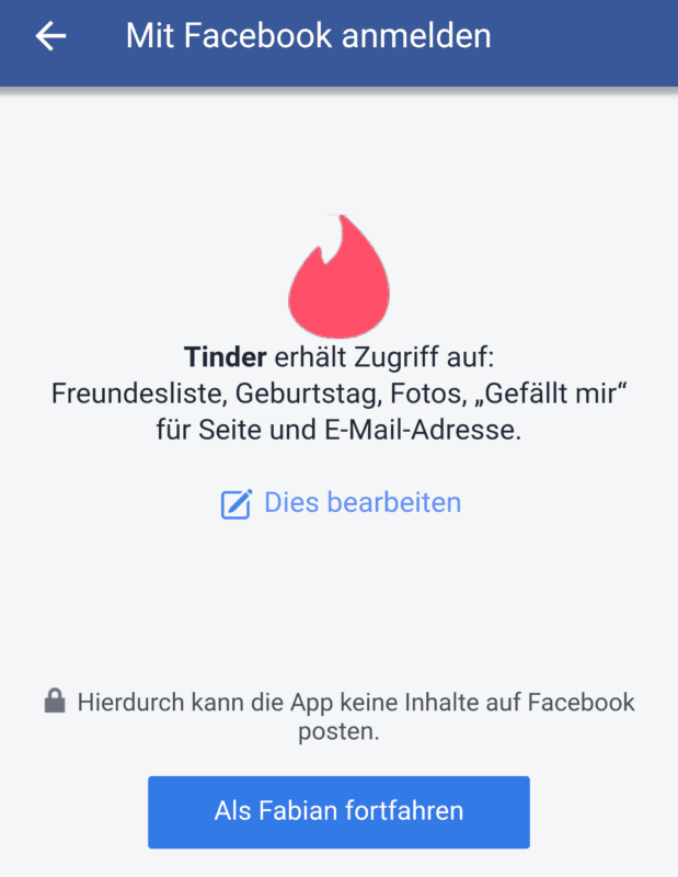 Tinder mit Facebook anmelden Zugriffsrechte erteilen
