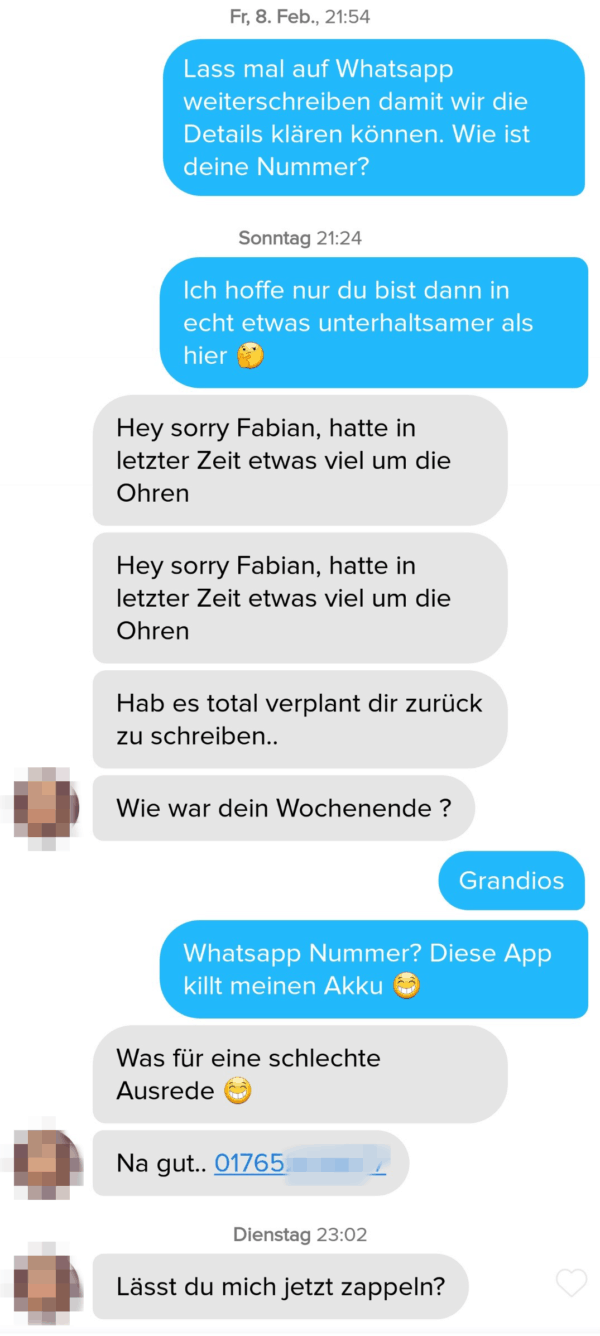 Chat Beispiel, wie man mit einem guten Tinder Spruch doch noch eine Antwort bekommt