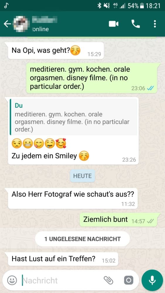Lustiges Beispiel für Tinder Chat mit angewendeten Tinder Tipps zum Flirten