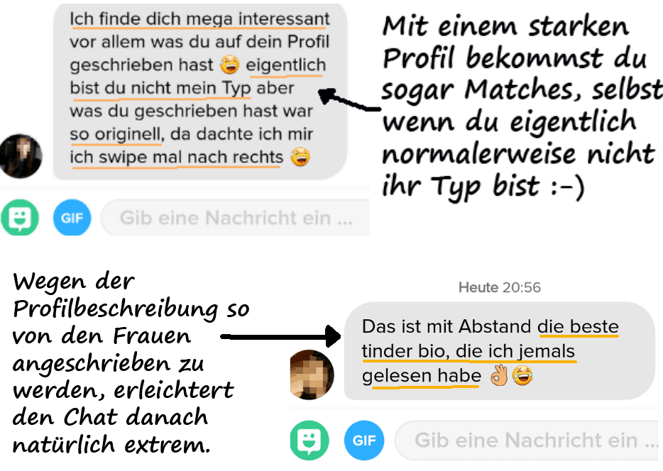 Beispielchats, wie du von Frauen angeschrieben wirst, wenn du die richtigen Tinder Bio Tipps anwendest