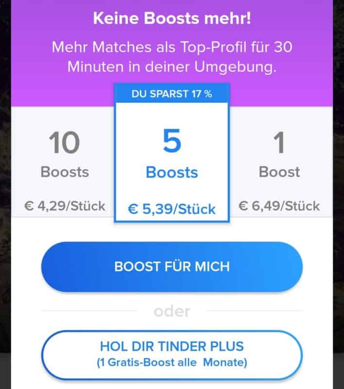 So sehen die kostenpflichtigen Tinder Boosts aus im Vergleich zur Gratisversion von Tinder
