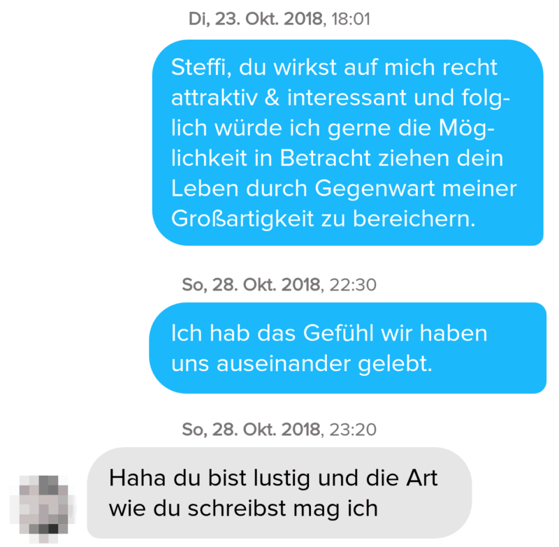 Beispiel Screenshot für eine gute Antwort nach einem lustigen Tinder Spruch