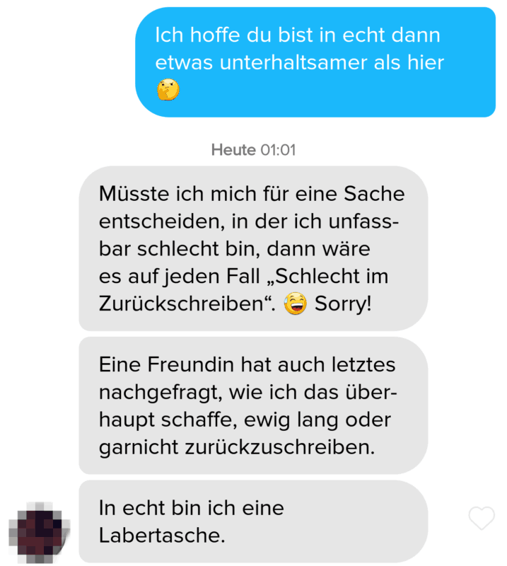 Beispielchat für einen guten Tinder Spruch, wenn sie nicht mehr geantwortet hat
