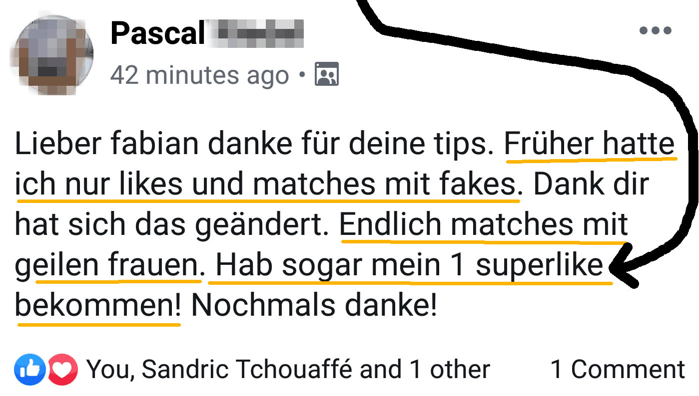 Testimonial aus der TinderAcademy wie Mann mehr Likes bekommt