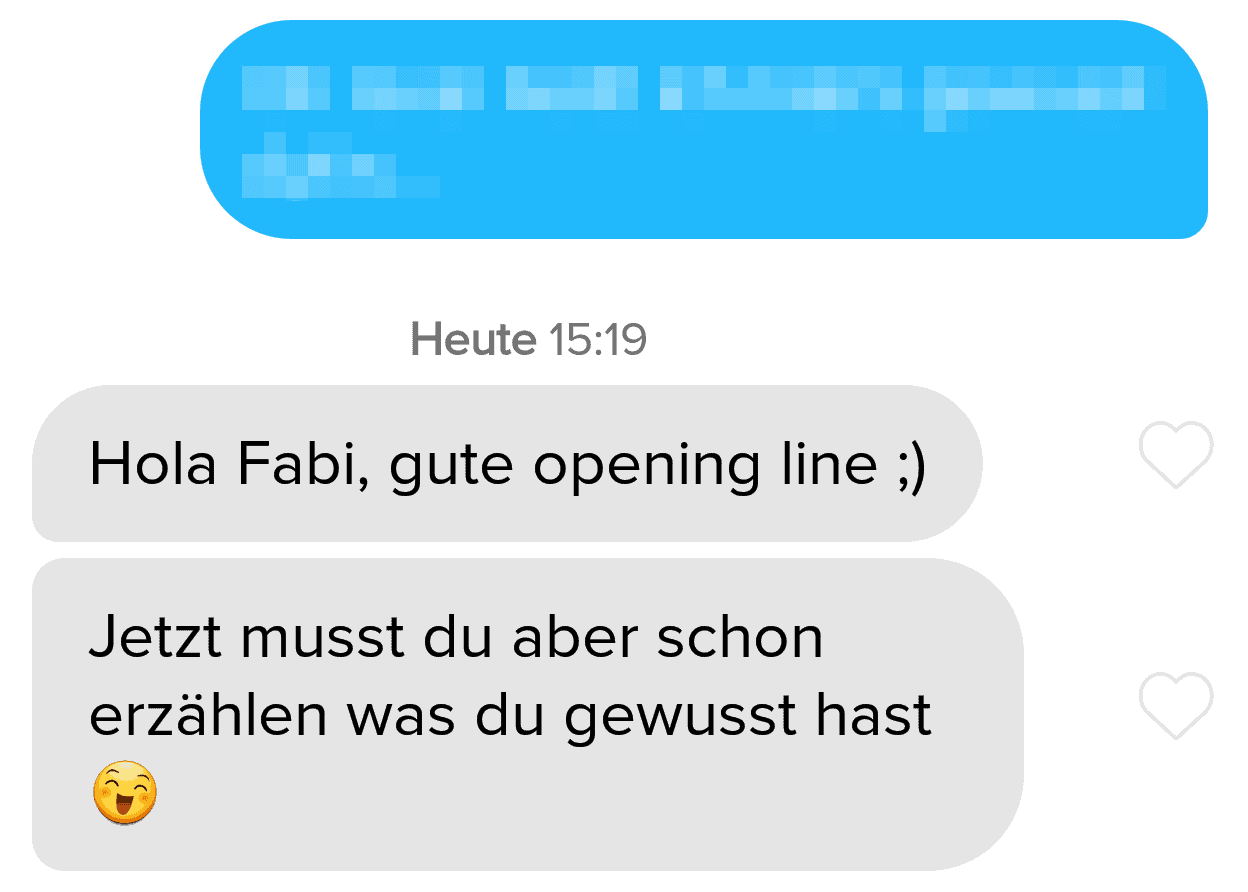 Beispielchat wie man mit dem richtigen Opener in der ersten Nachricht auf Tinder eine gute Reaktion bekommt