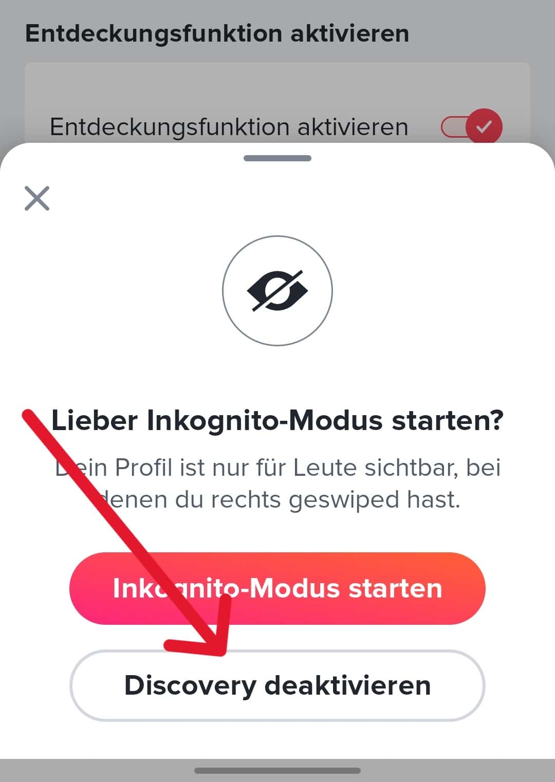 tinder-einstellungen-discovery-ausschalten So gehst du vor, wenn du deine Sichtbarkeit kontrollieren willst und die Discovery Funktion deaktivieren willst