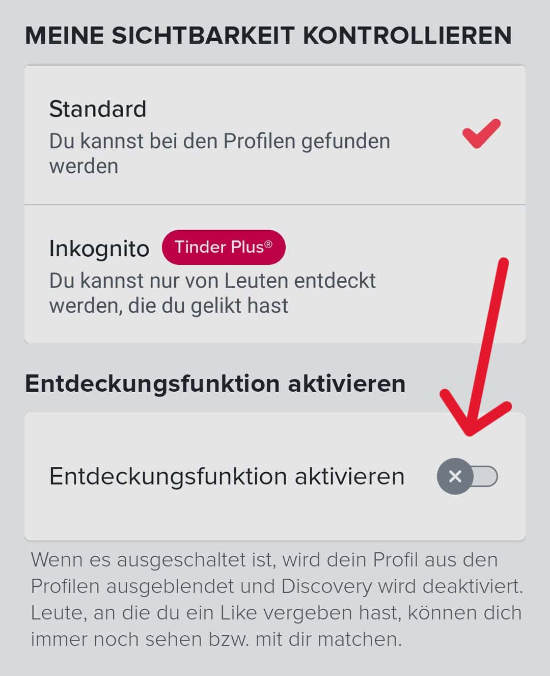 tinder-einstellungen-entdeckungsfunktion So gehst du vor, wenn du deine Sichtbarkeit kontrollieren willst und die Entdeckungsfunktion ausschalten willst