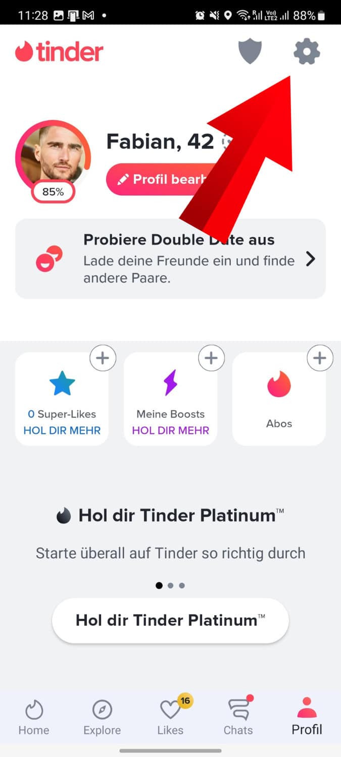 tinder-profil-einstellungen So gelangst du über dein Profil zu den Einstellungen, um dich auf Tinder anzeigen auszuschalten